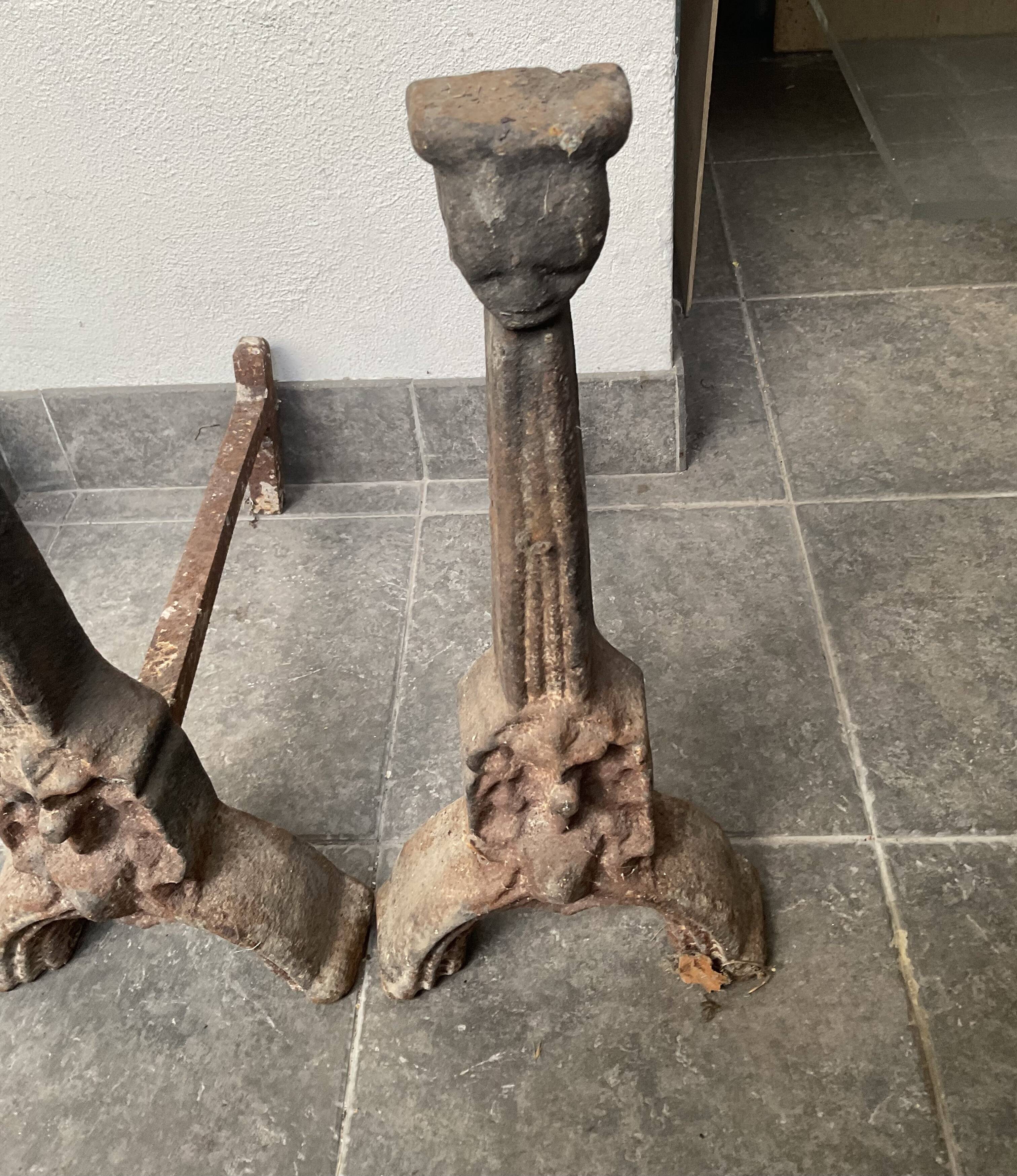 Pair of andirons from the high period with Gothic female heads.