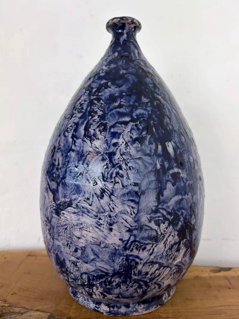 Vintage Mid-Century Studio Art Pottery Cobalt Blue Textured Glaze Teardrop Vase
