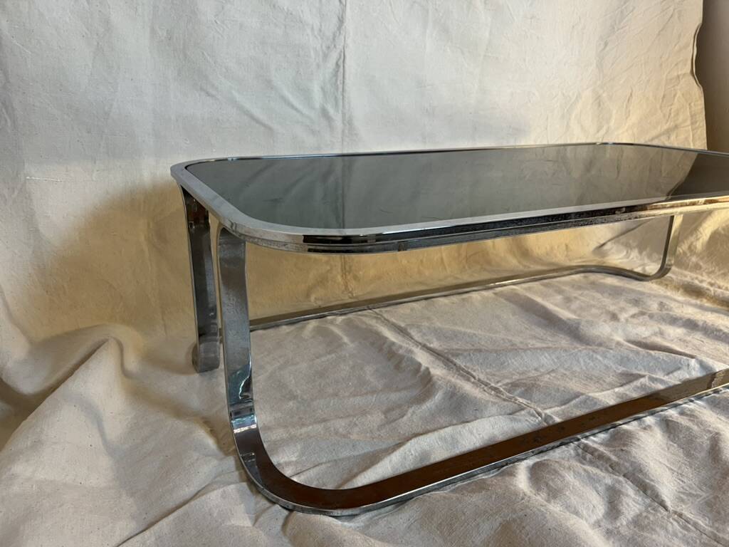 Vintage chrome coffee table with smoked glass, Space Age, 1970s.