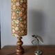 Vintage wooden table lamp with seventies flower tube shade