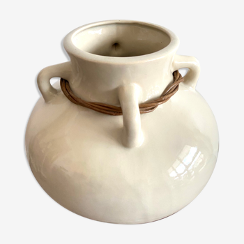 XL ceramic vase with 4 handles and rattan braid