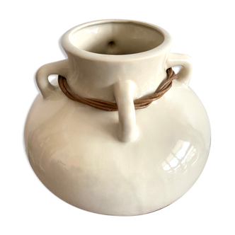 Vase XL en céramique à 4 anses et tresse en rotin