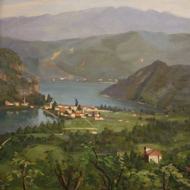 Triptyque de peintures vue du lac de Lugano, 20e siècle