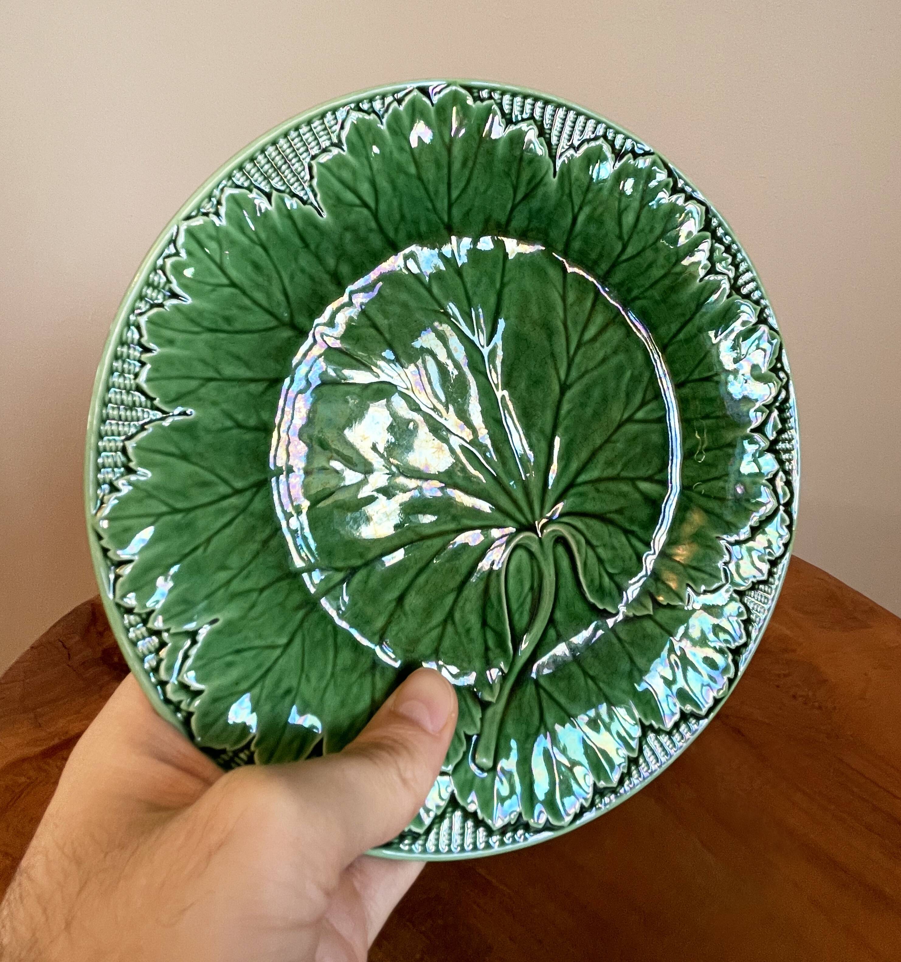 19th Century Wedgwood Green Grape Leaf Plates with Basket Weave