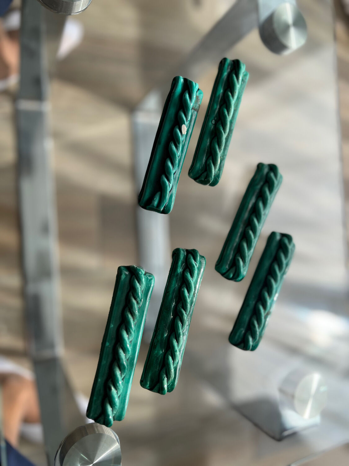 6 vintage green ceramic cupboard holders