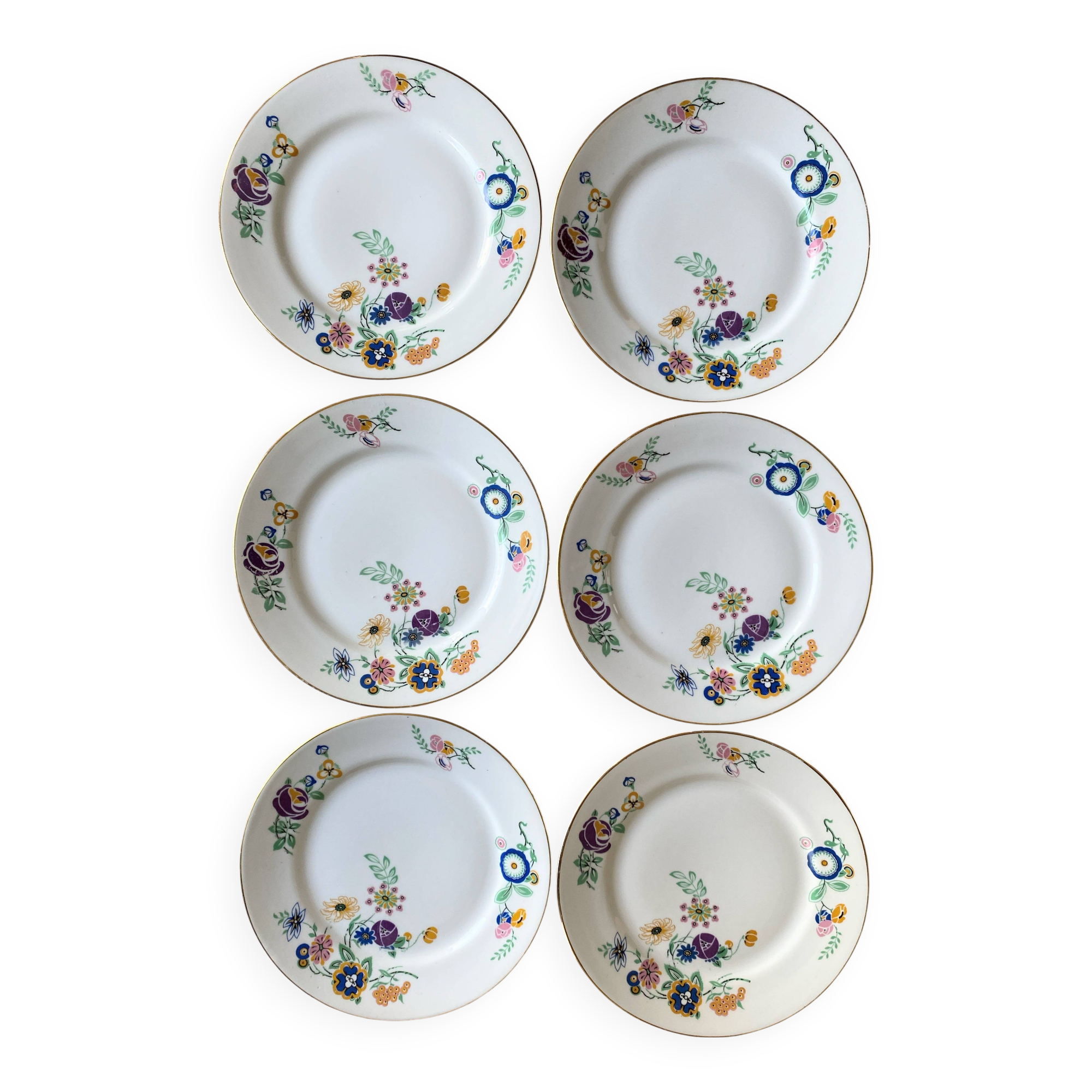 6 vintage plates in white Limoges porcelain signed TLB, flowers