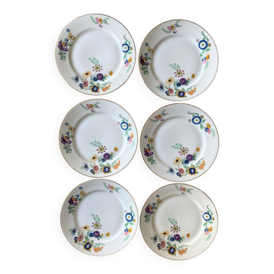 6 Assiettes vintages en porcelaine blanche de Limoge signées T.L.B, fleurs