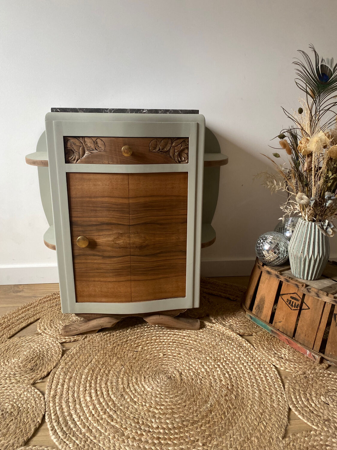 Pair of mismatched art deco bedside tables in green and wood