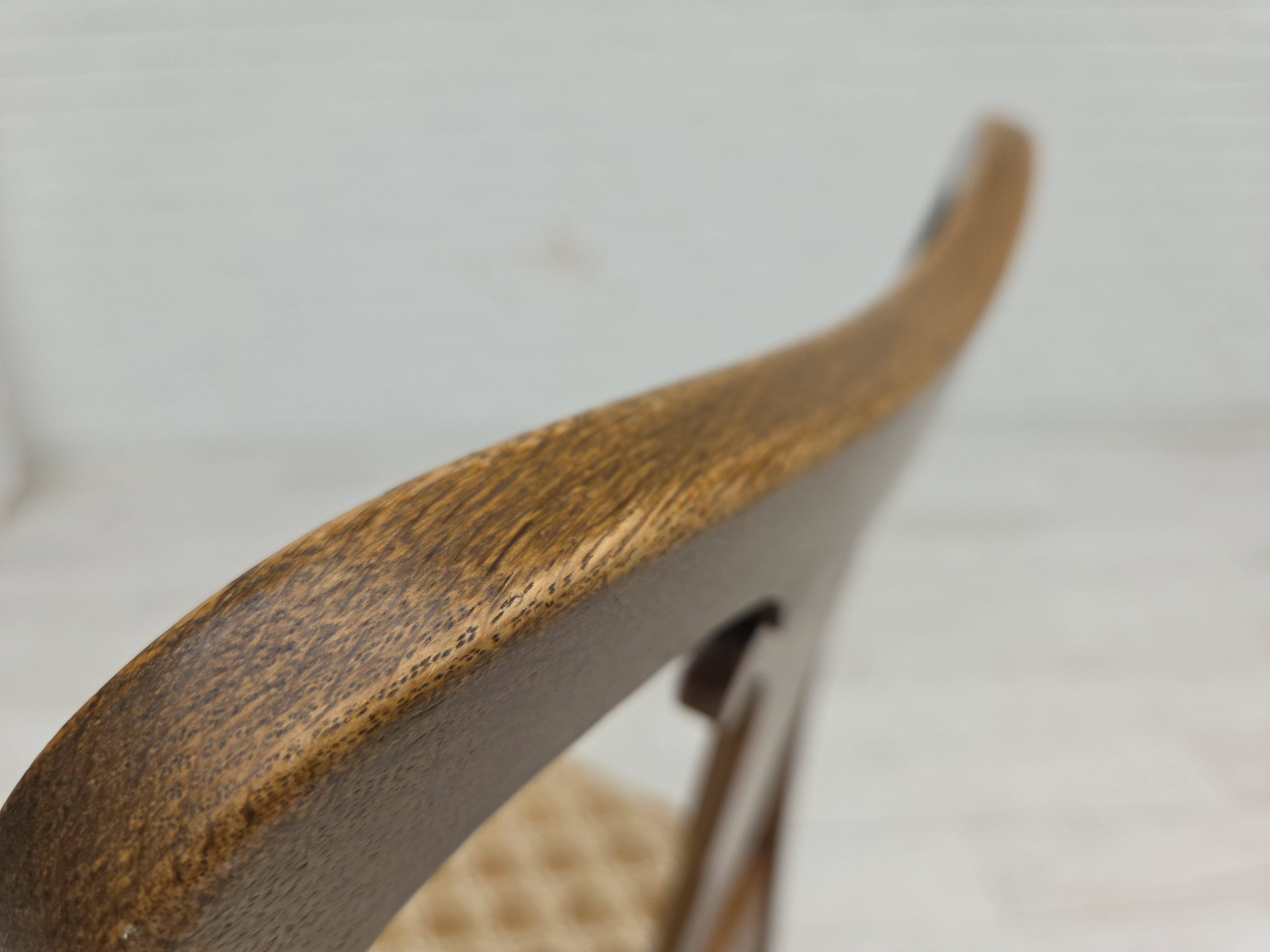 1930s, set of 6 Danish chairs, furniture velour, oak wood, reupholstered.