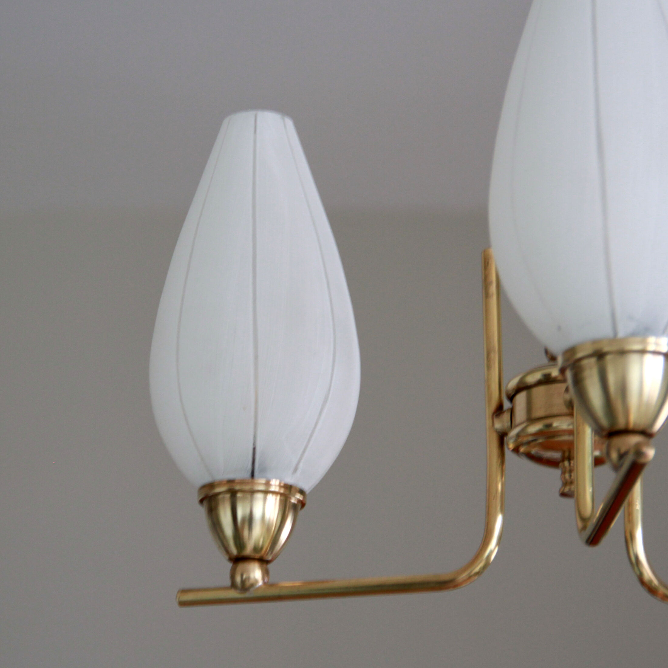 Brass chandelier and tulips in vintage white glass