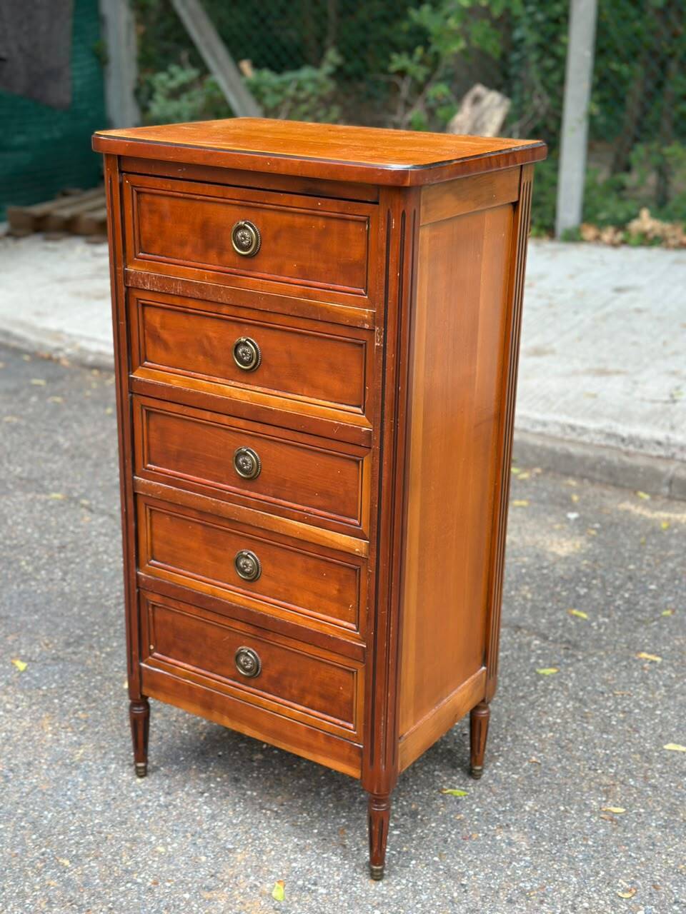Louis XVI solid cherry wood chest of drawers with 5 drawers, 1980.