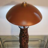 Large carved wooden lamp and mushroom lampshade