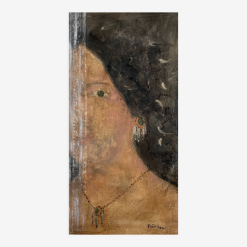 Huile sur toile portrait femme bijoux