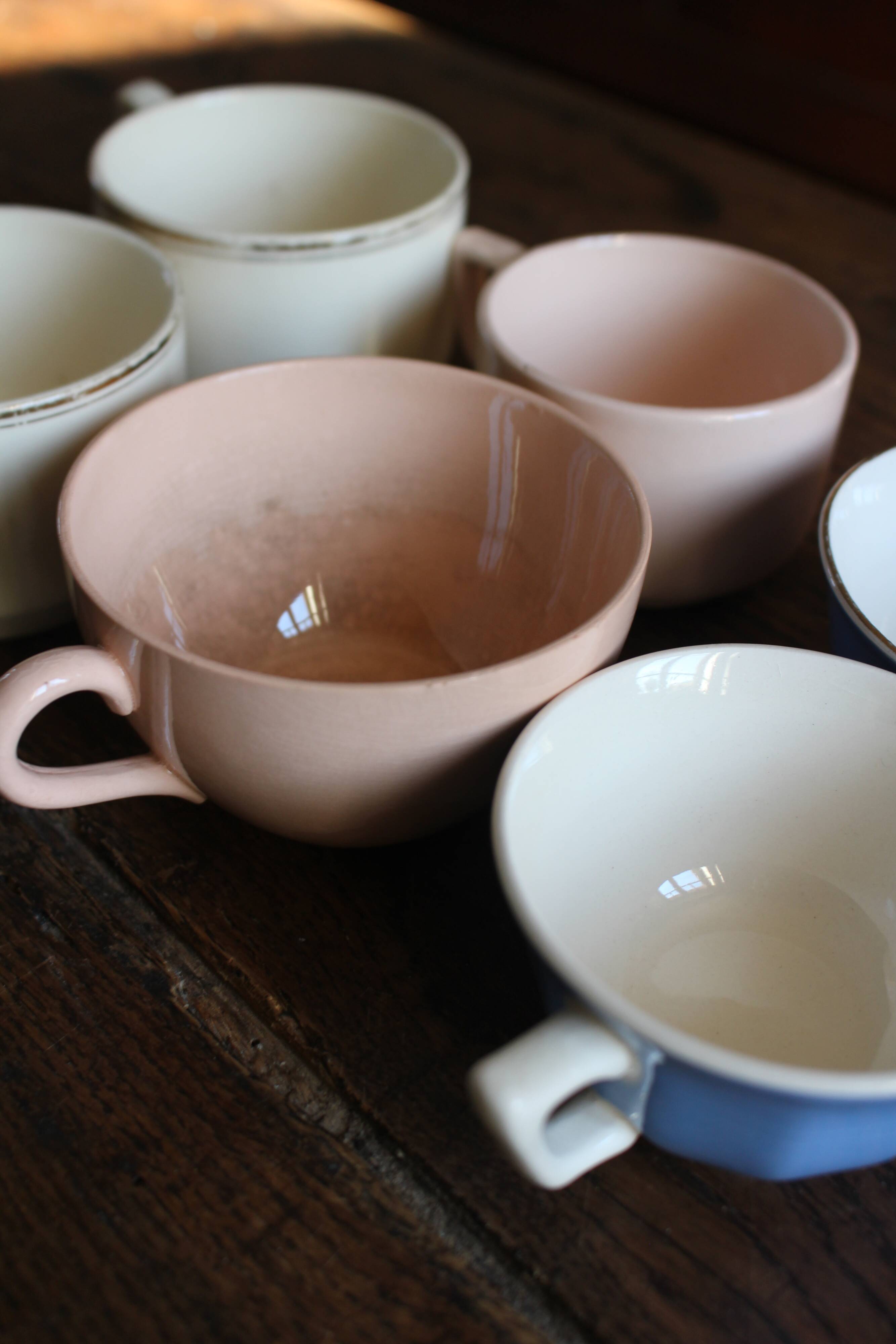 A set of 6 pink, blue, and cream cups from Digoin Céranord Villeroy Art Deco.