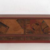 Small Japanese cabinet with sliding doors, Kabuki decoration, made of paulownia wood, early Showa period, circa 1926–1970.