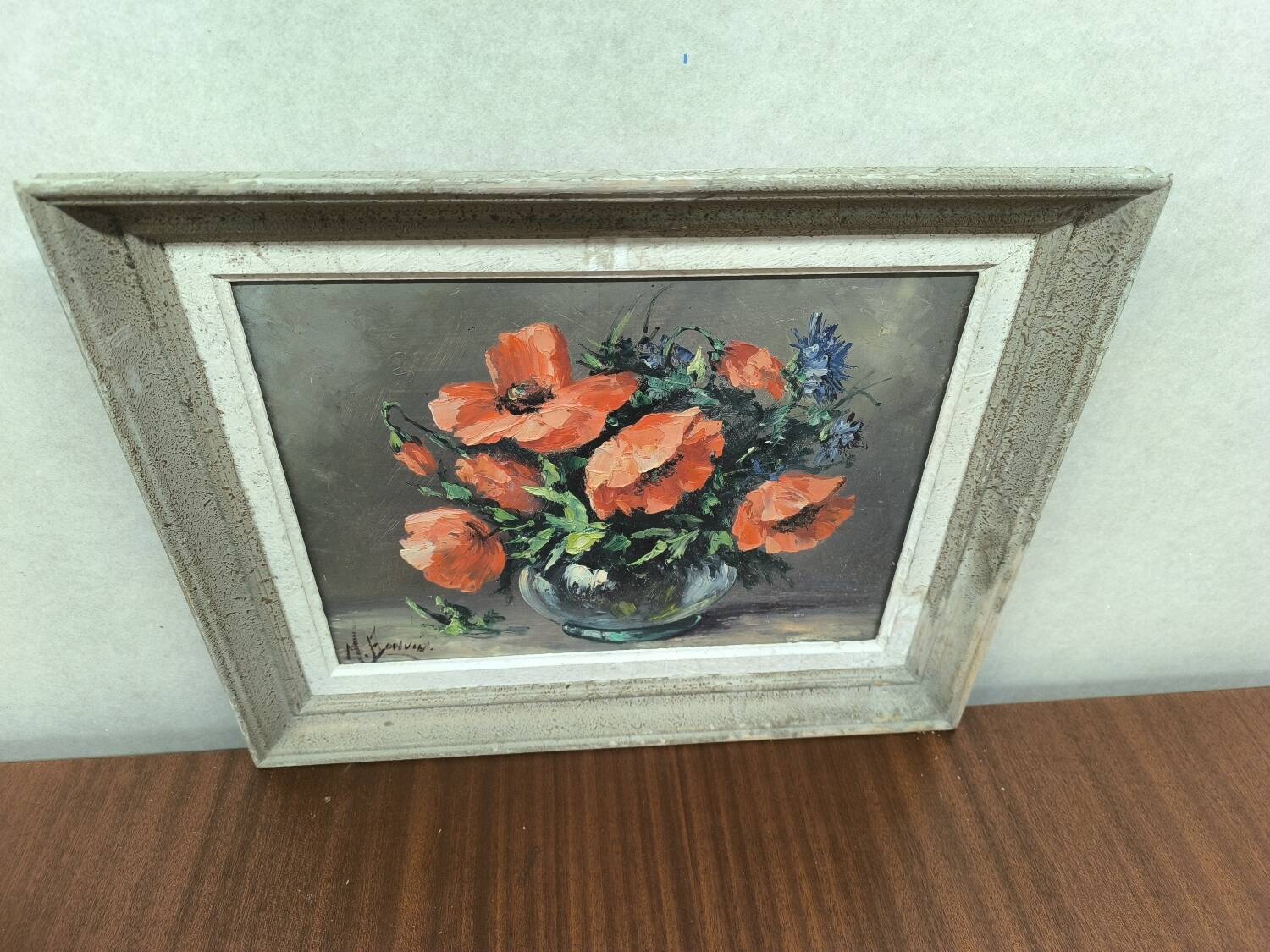 Painting Still Life with Poppies by M. Bonvin Oil on panel