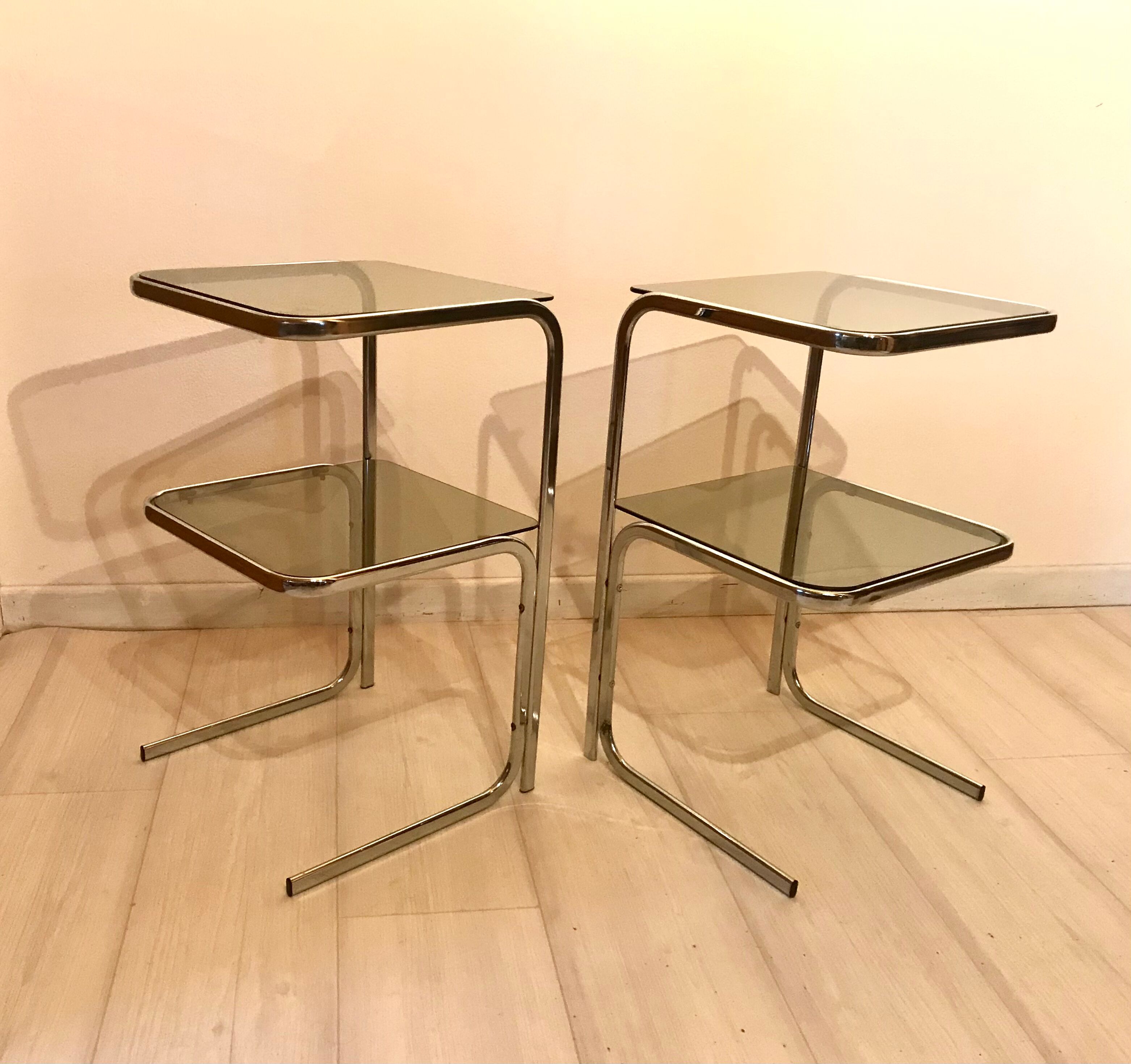 Bedside tables 70s glass and chrome