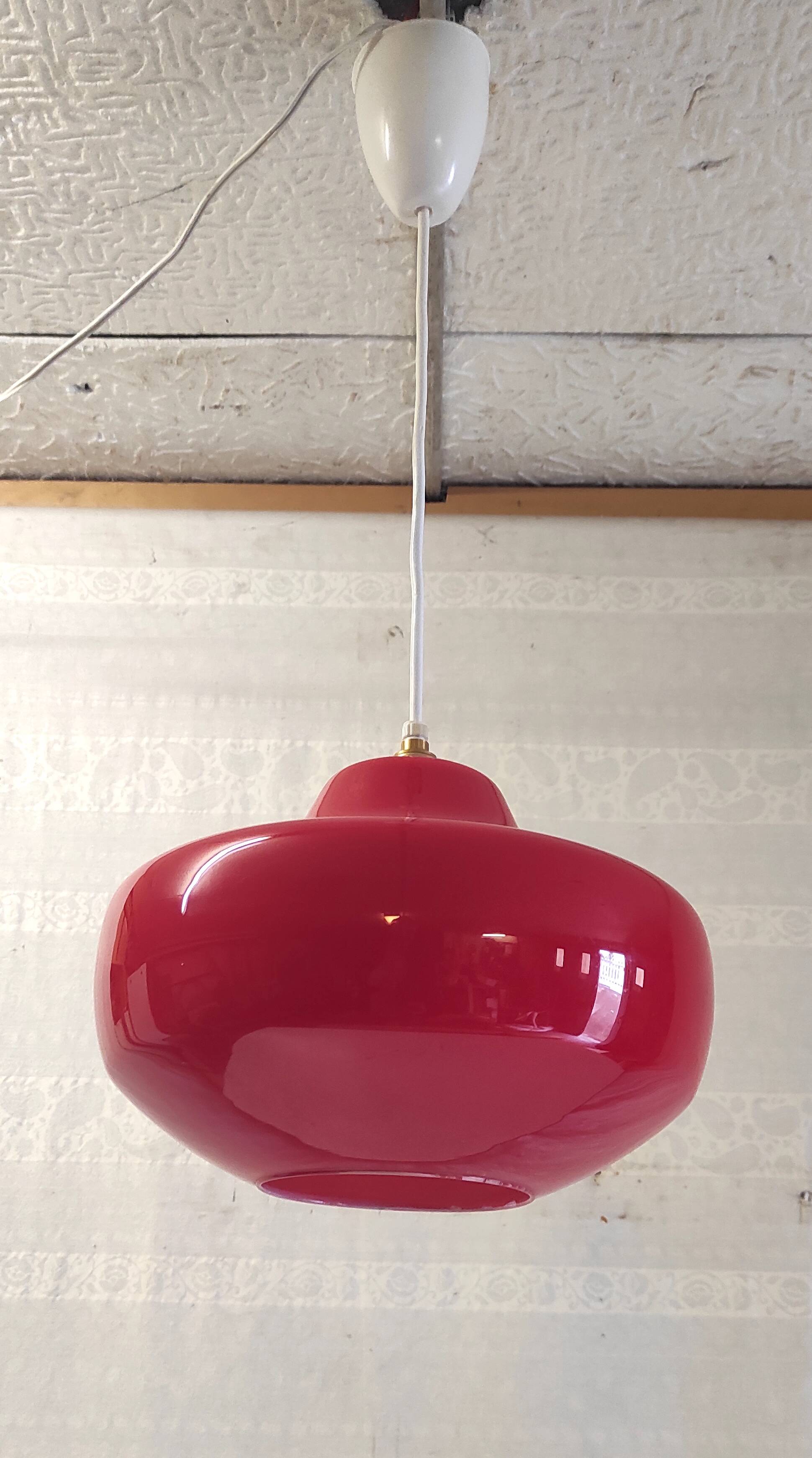 Vintage red glass pendant light from the 70s