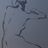 Signed watercolor painting on Denim paper portrait of a woman from behind "bath"