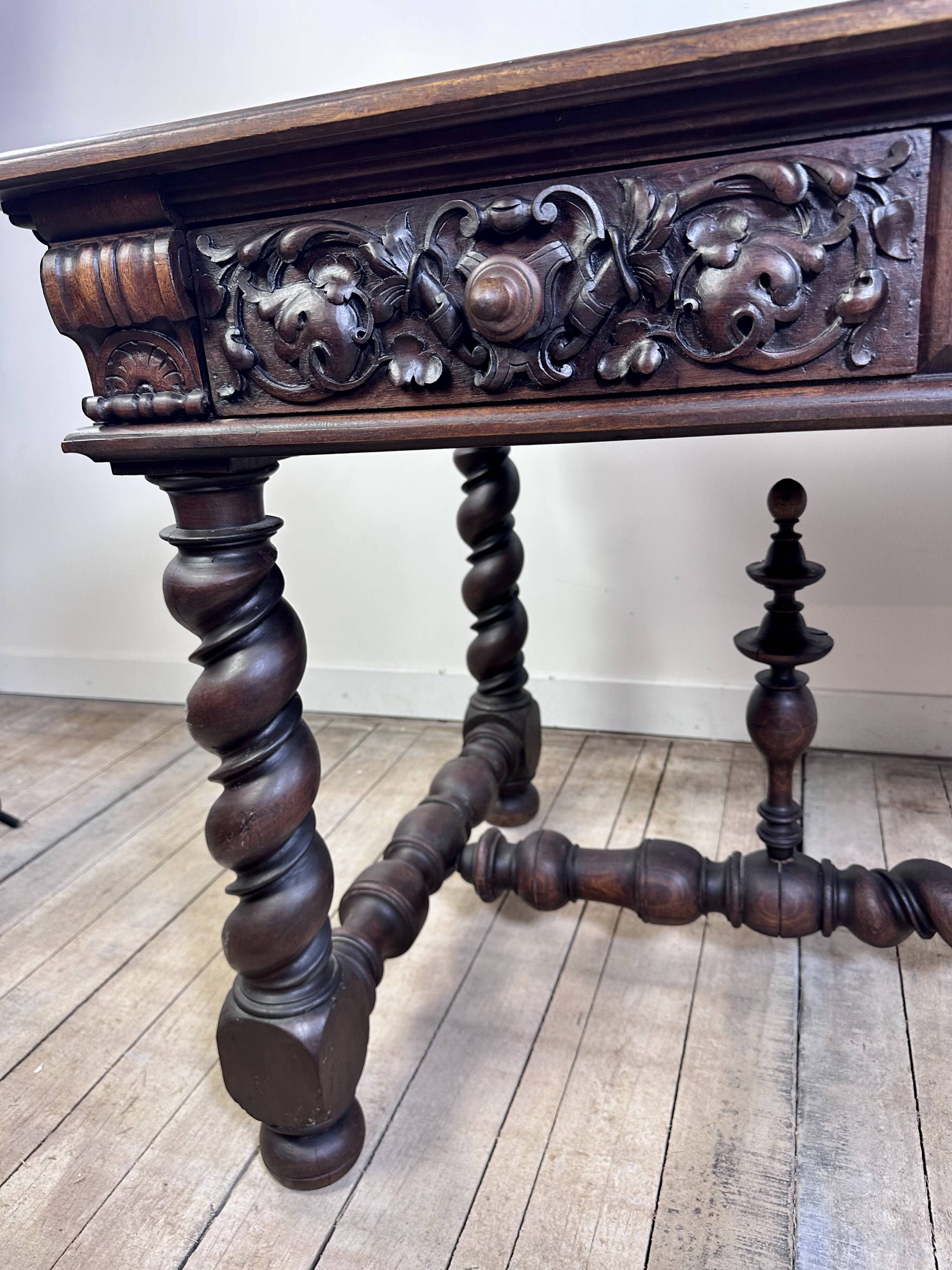 Louis XIII style oak desk stamped Mombro Ainé 19th century