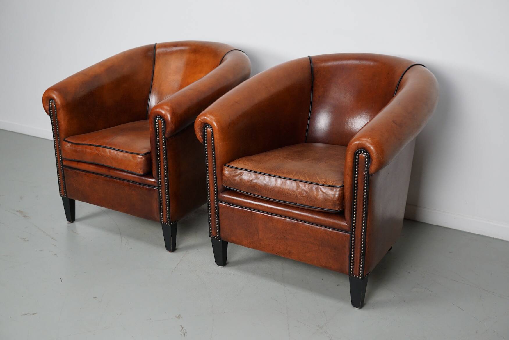 Vintage Dutch Cognac Colored Leather Club Chair, Set of 2