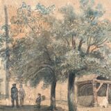 Painting landscape church Germigny-des-Prés 1854