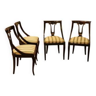 18th Century French Directoire Mahogany Chairs with Silk Blend Upholster Fabric, Set of 4