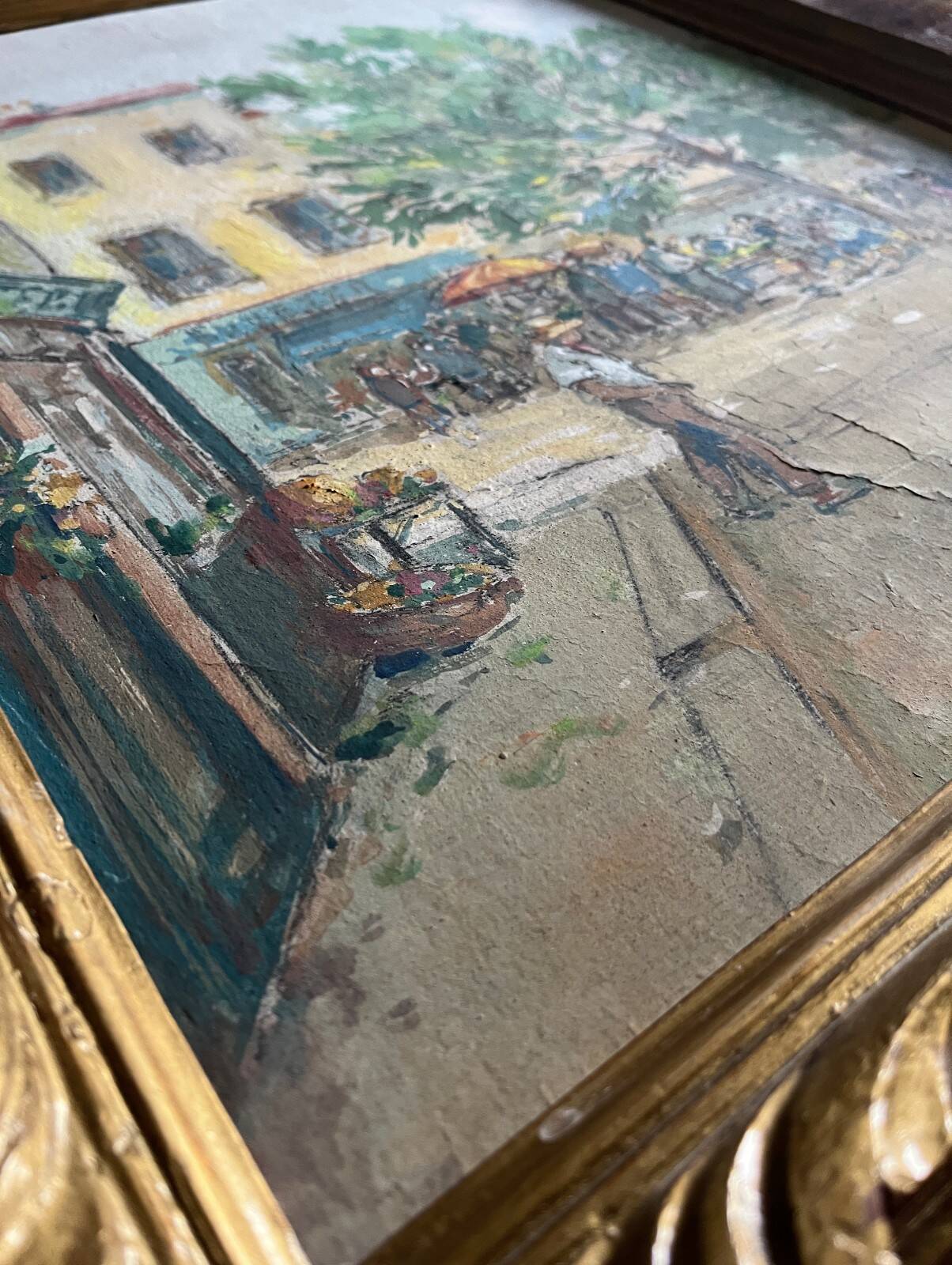 Sunny terrace table on market day signed (Ch. Blondel?)