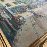 Sunny terrace table on market day signed (Ch. Blondel?)
