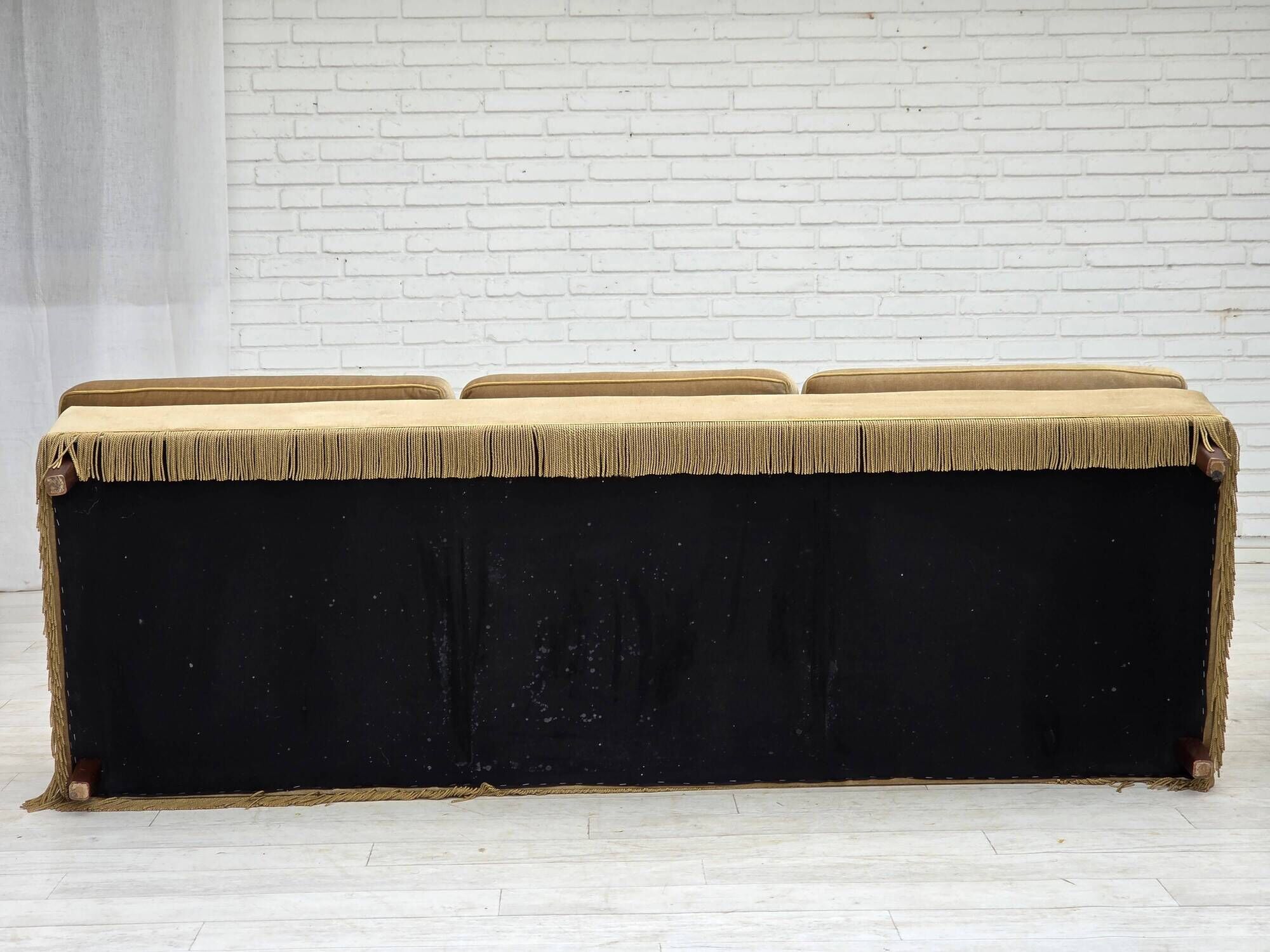 1970s, Danish 3-seater sofa, honey yellow furniture velour.