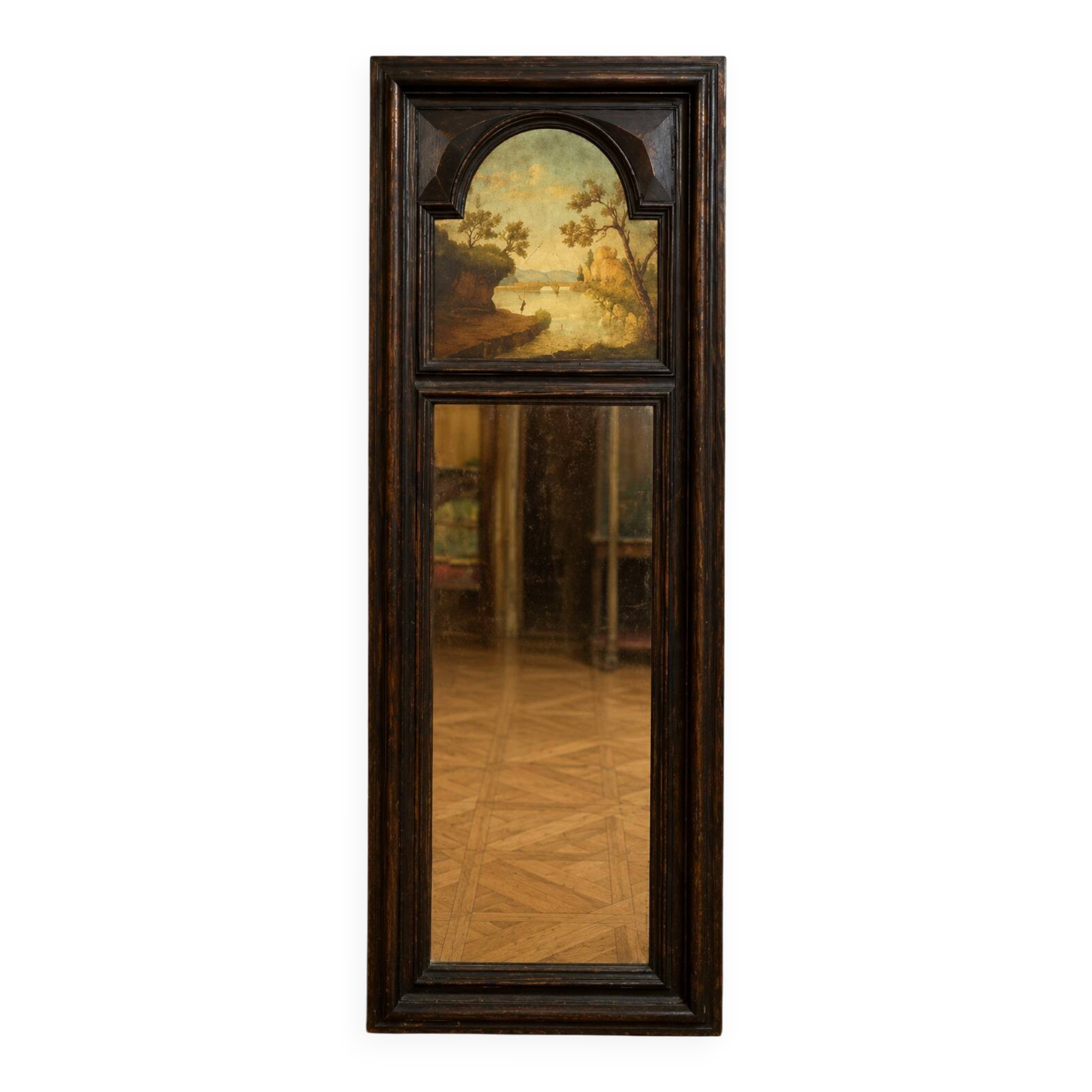 Dark wood trumeau with a mirror and landscape painting.