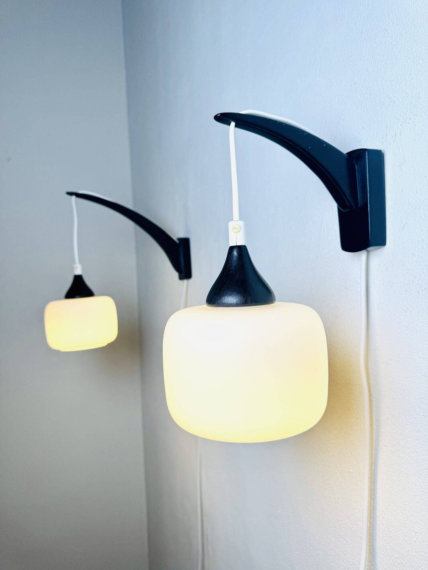 Set Of Single-Arm Wall Lamps In Teak And Opaline Glass By Uno & Östen Kristiansson For Luxus, Sweden 1960S
