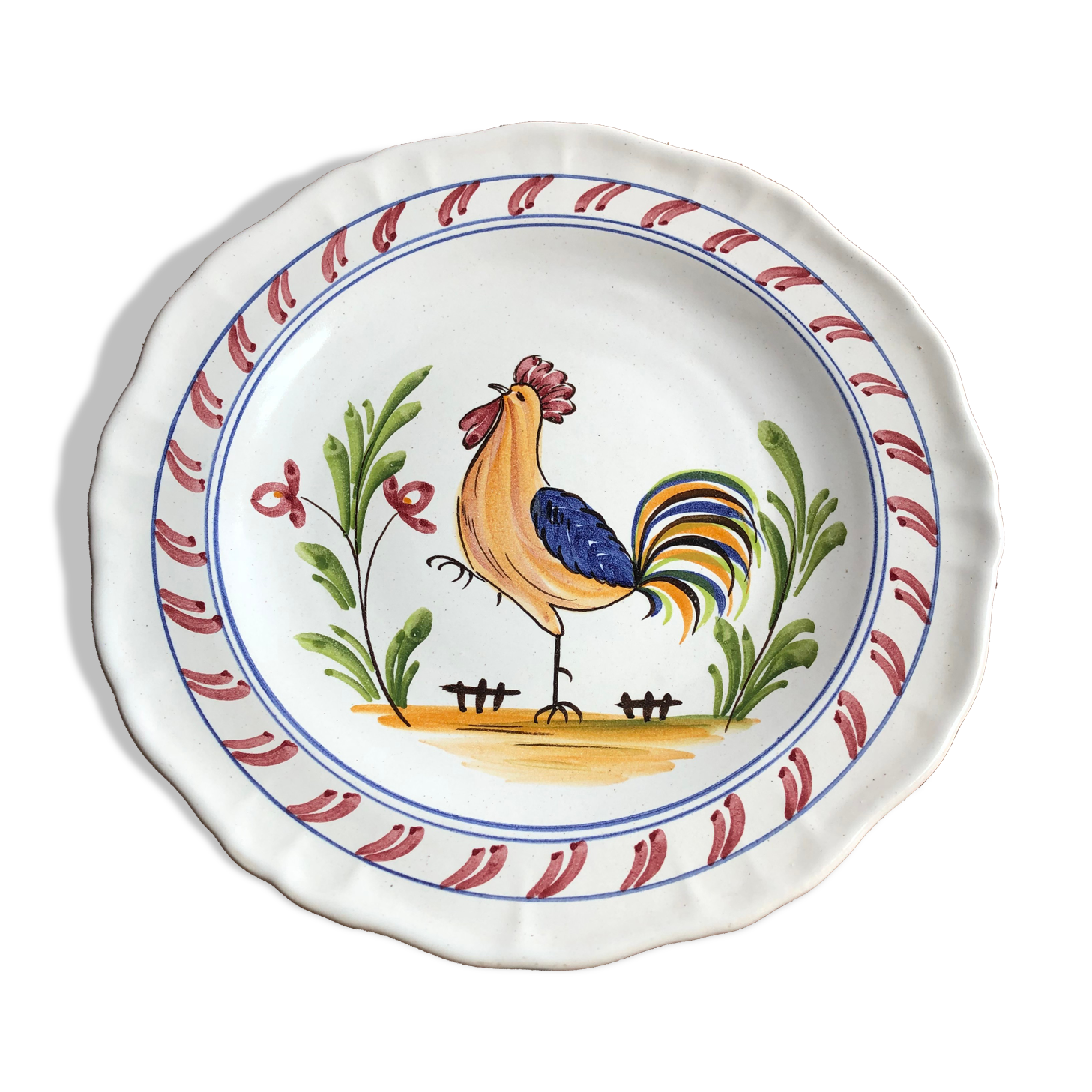 Old decorative plate Quimper France style ceramic vintage rooster design