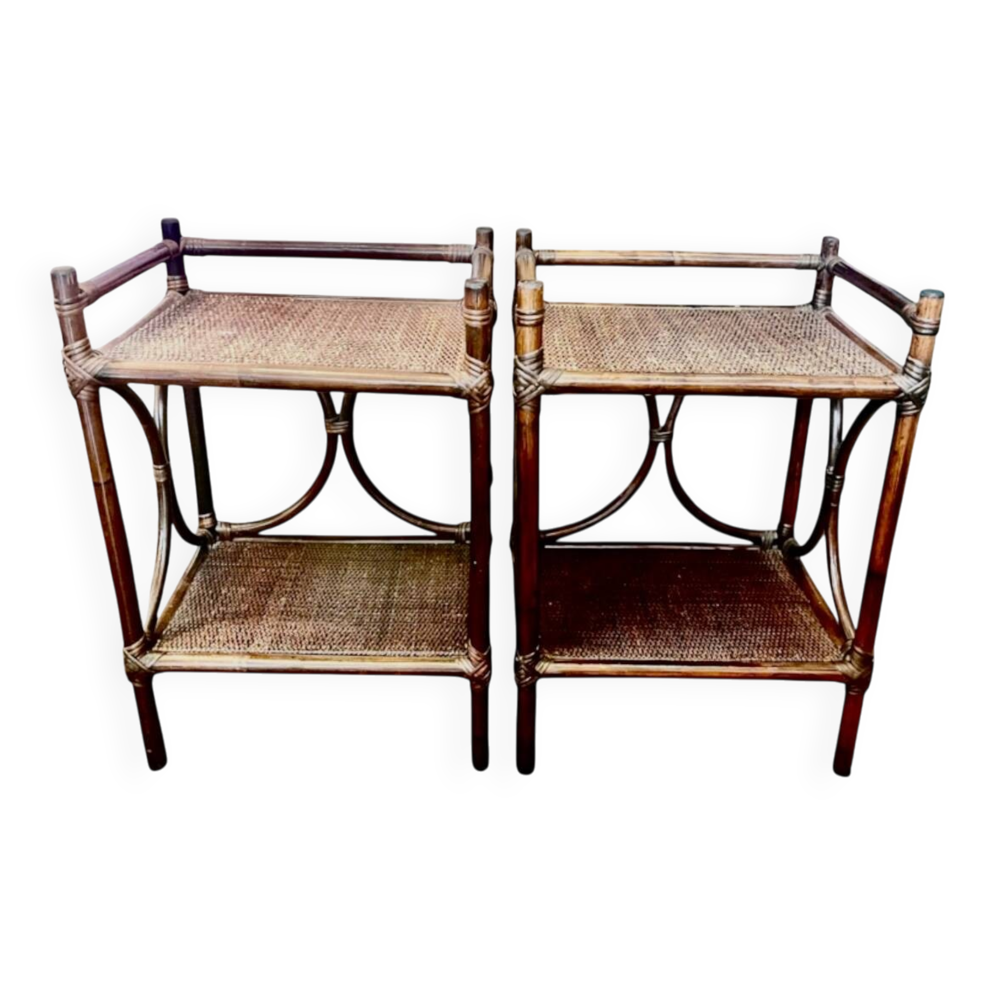 Paire de chevets en bambou et en cannage vintage