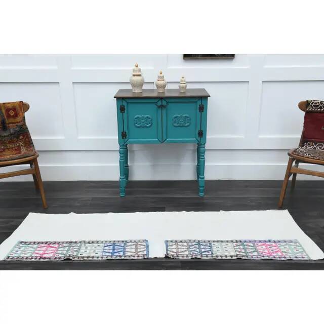 1970s Vintage Turkish Handwoven Wool Cotton White Runner Rug 69x215