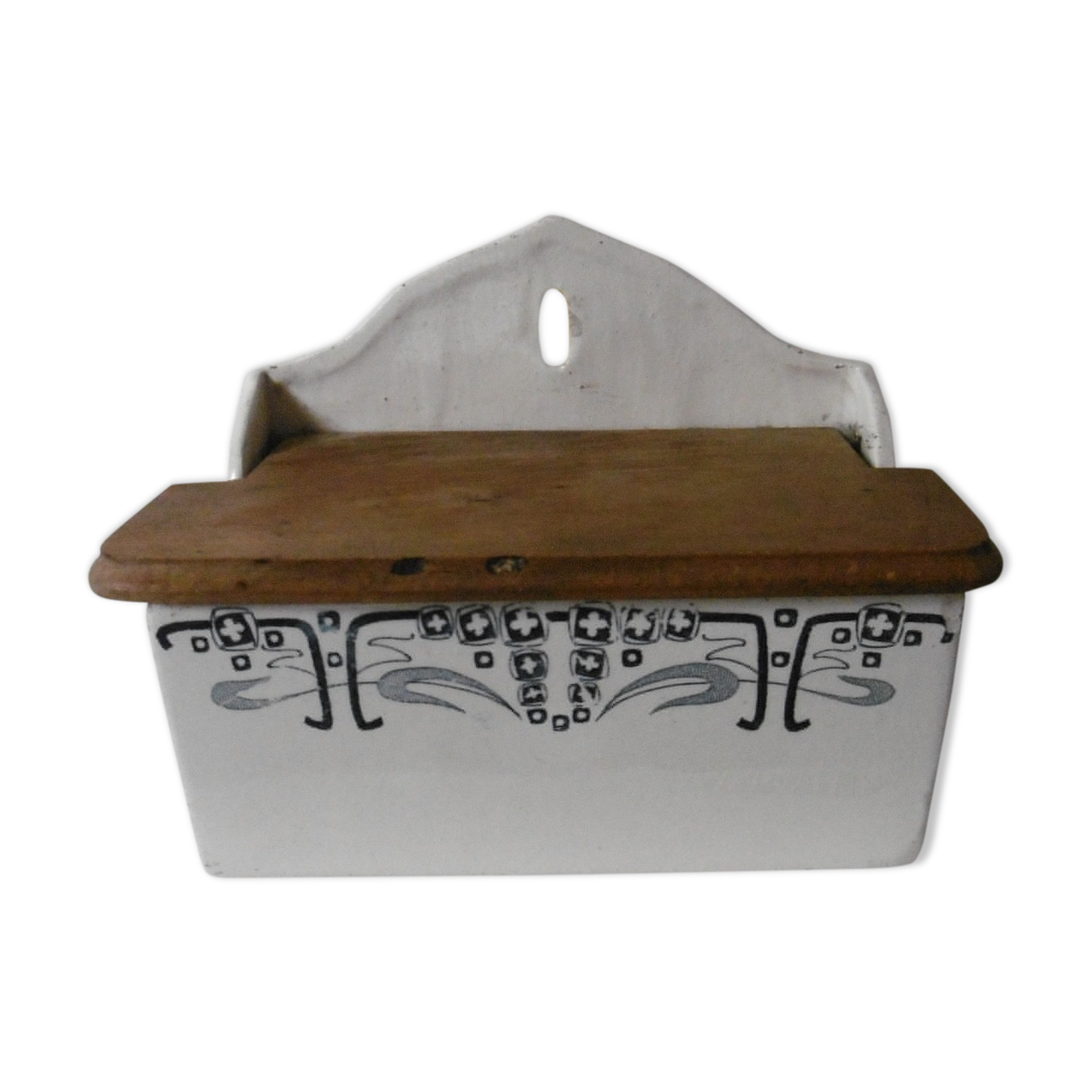 Earthenware salt box white white old blue