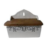 Earthenware salt box white white old blue