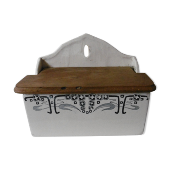 Earthenware salt box white white old blue