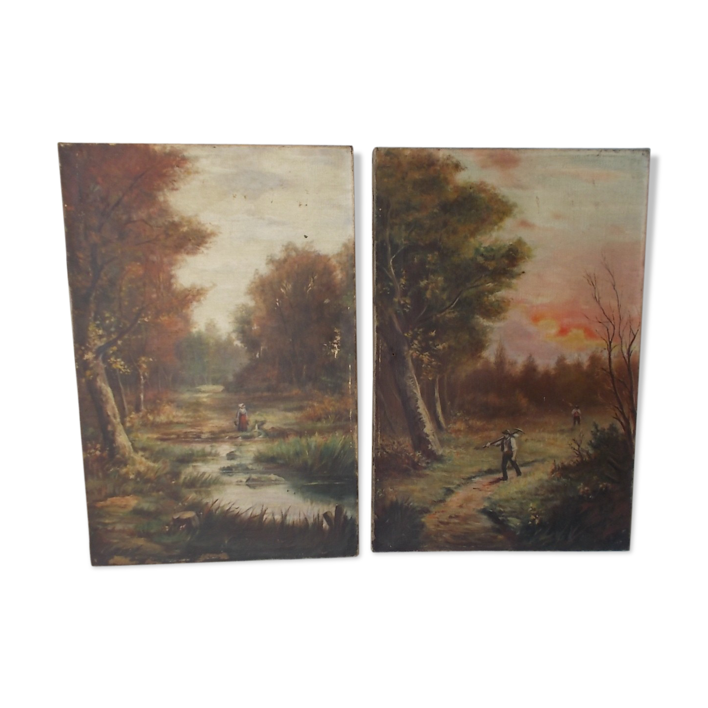 Pair of old paintings "painting landscape on canvas"