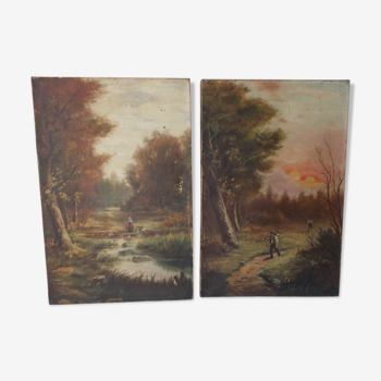 Pair of old paintings "painting landscape on canvas"