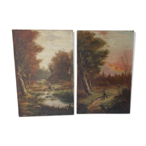 Paire de tableaux anciens paysage