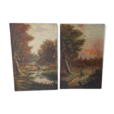 Pair of old paintings "painting landscape on canvas"