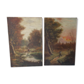 Paire de tableaux anciens "paysage peinture sur toile"