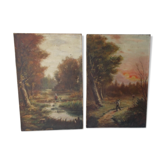 Pair of old paintings "painting landscape on canvas"