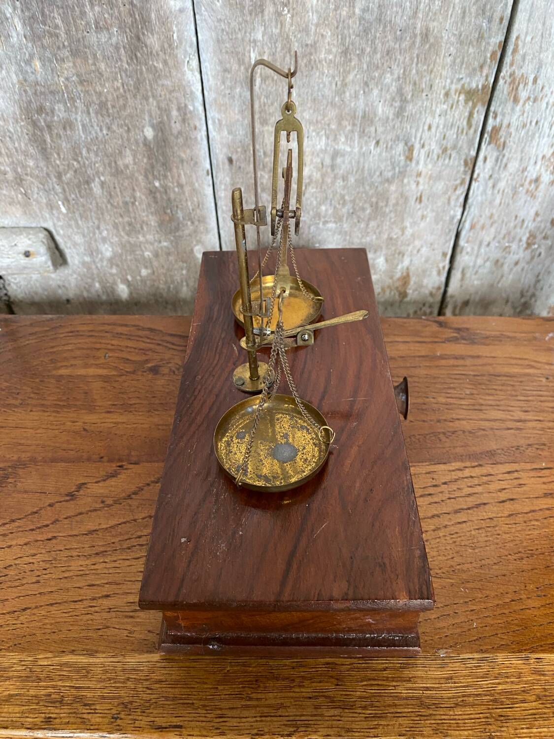 Antique trebuchet precision scale gilt bronze + wooden box + weight