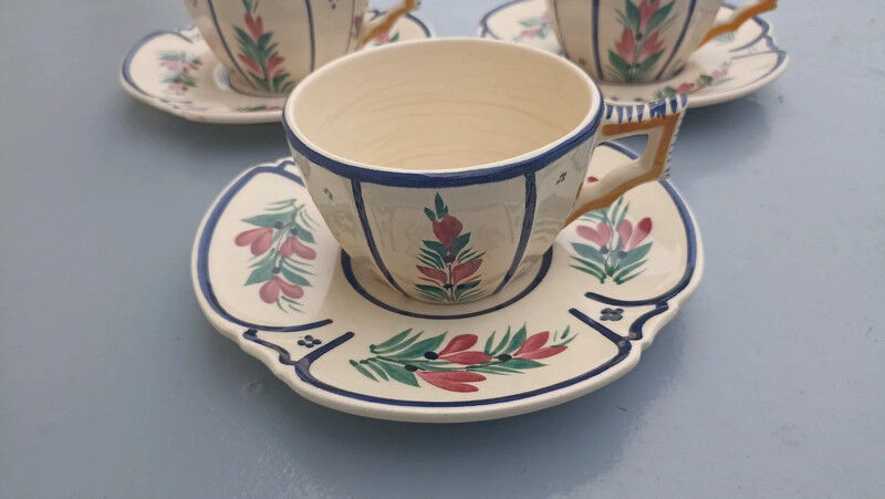 3 cups and 3 numbered Henriot Quimper earthenware saucers