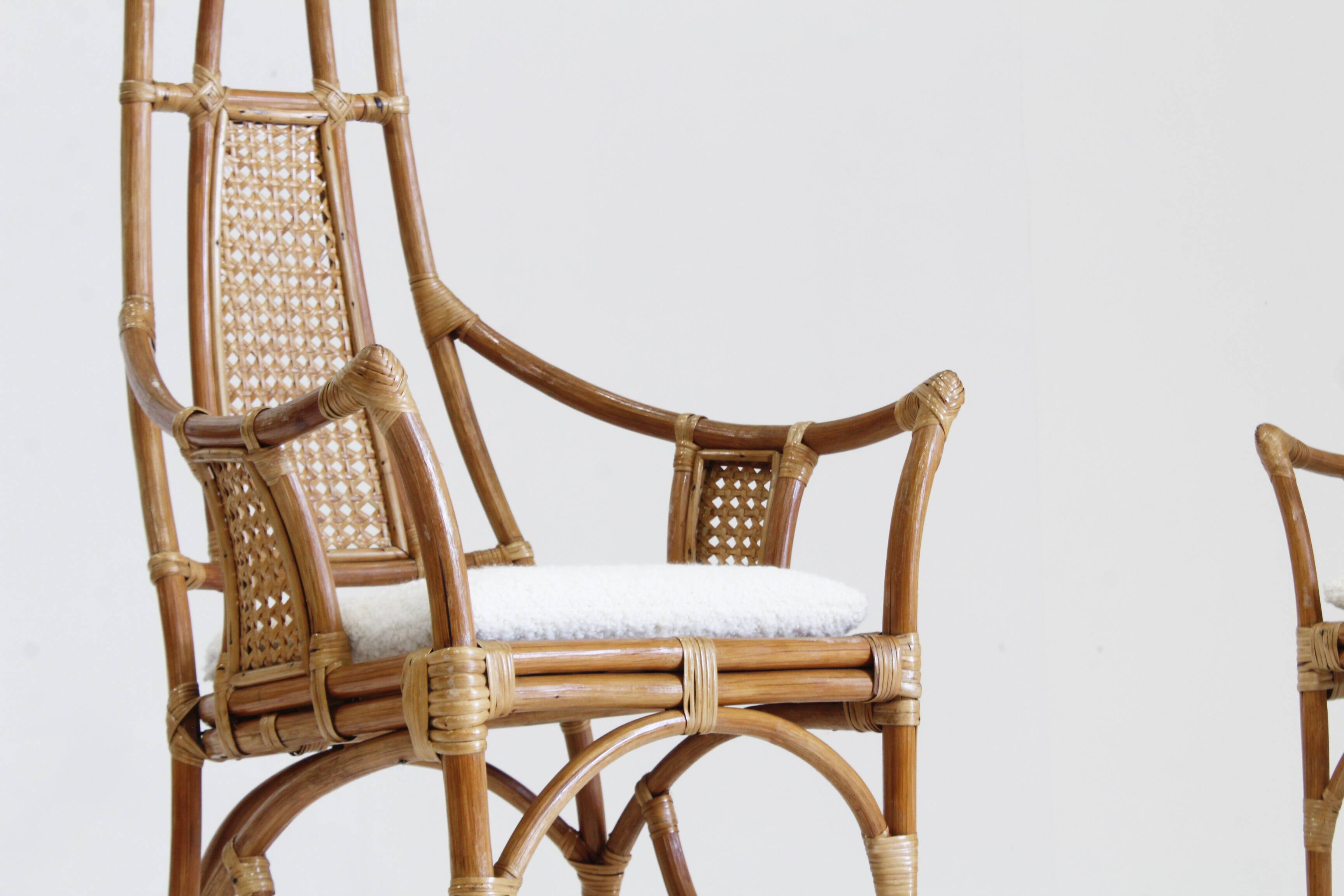 Vintage Bamboo and Rattan Armchairs with Bouclé Cushions, 1970s , set of 2