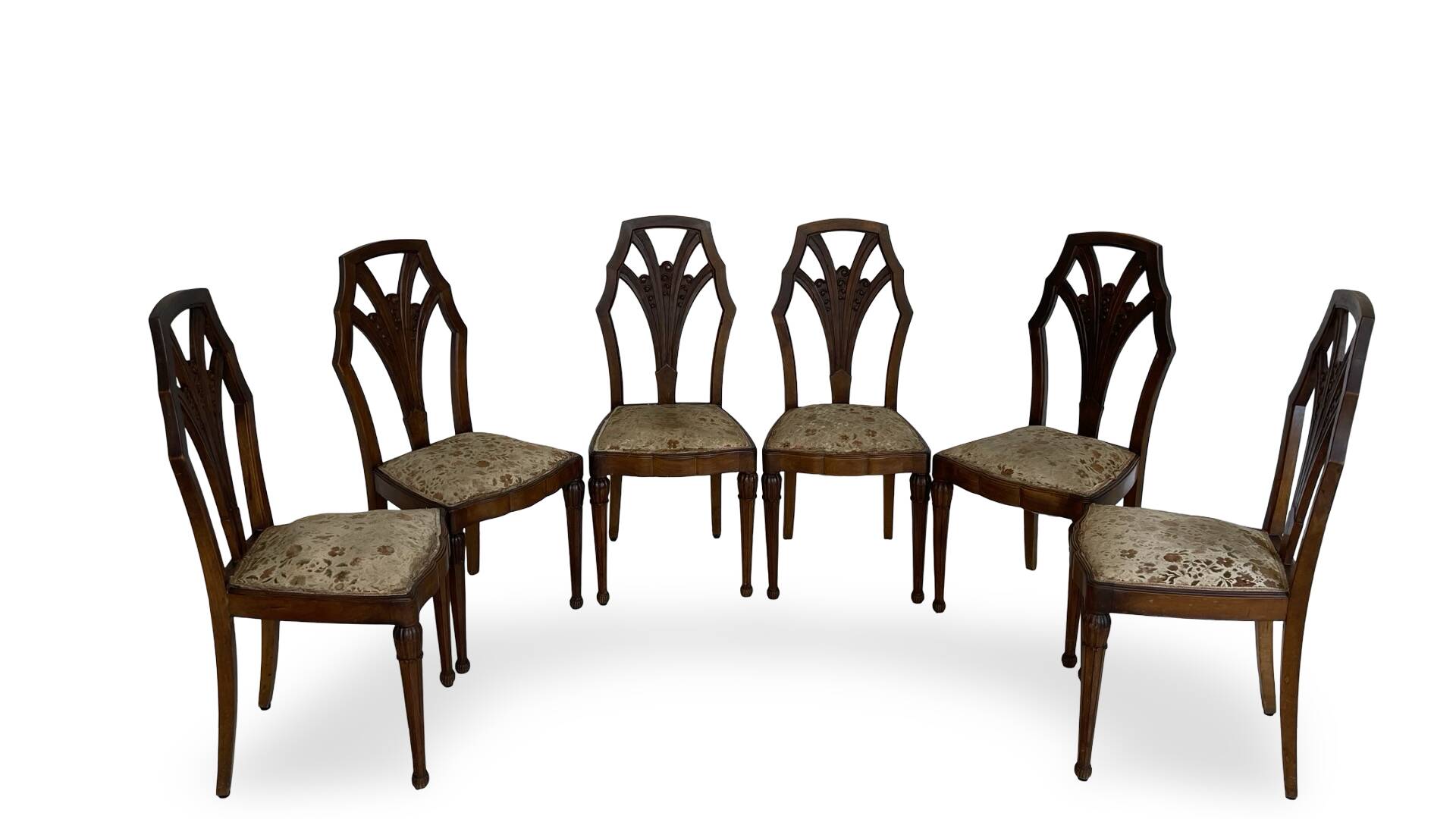 Ensemble de 6 chaises de salle à manger en noyer sculpté Art Déco, années 1920/1930