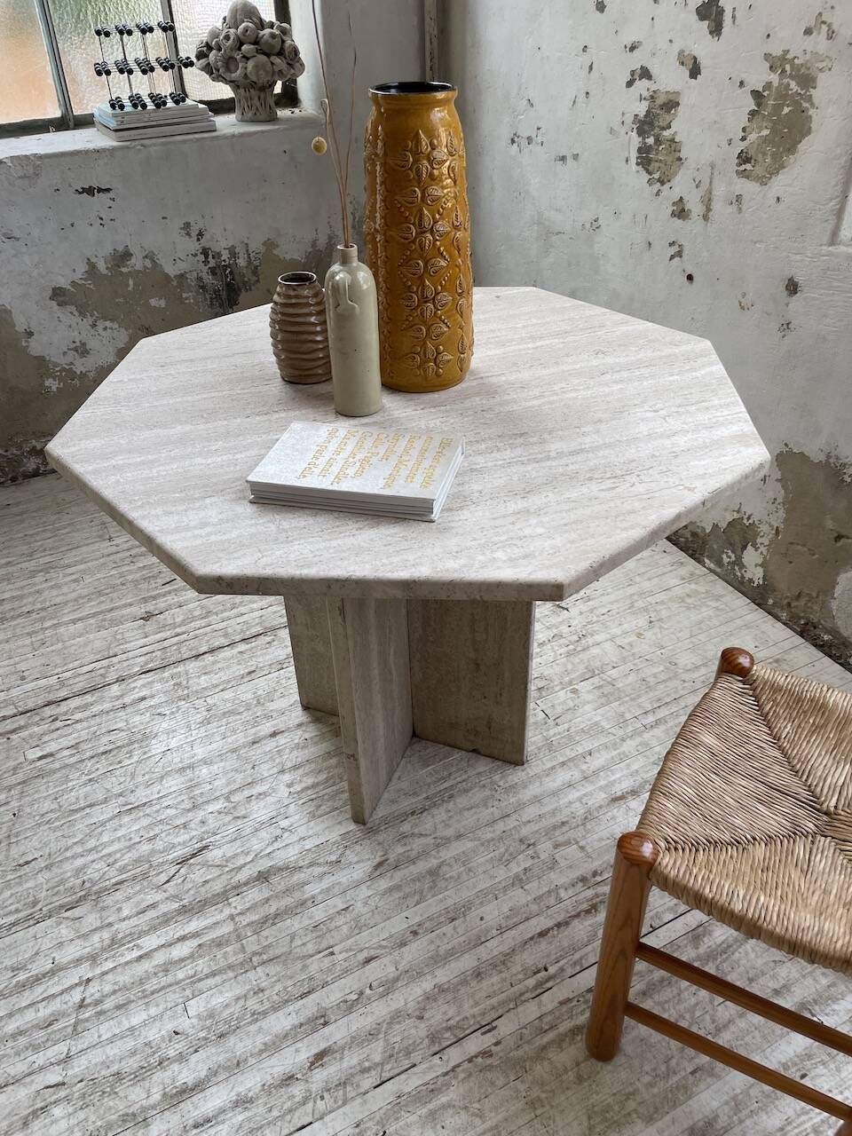 Octagonal travertine coffee table