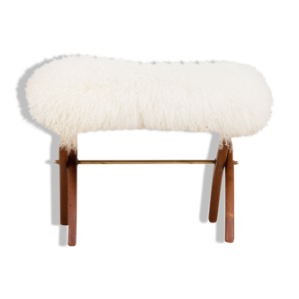Danish solid teak stool in natural long hair white sheepskin, 1950s